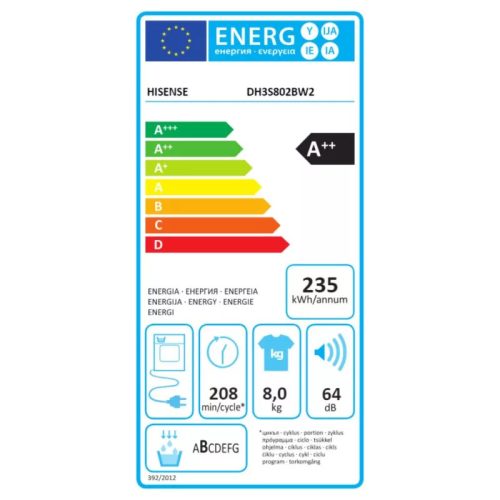 Hisense DH3S802BW2 Hőszívattyús Szárítógép A++, 8 kg, Auto Dry funkció