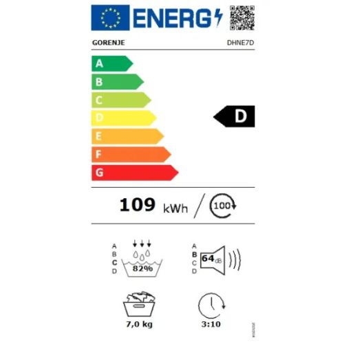 Gorenje DHNE7D Hőszívattyús Szárítógép 7 kg, normál mélység!, D energiaosztály