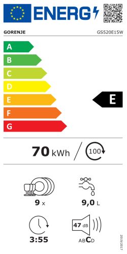 Gorenje GS520E15W mosogatógép, 45 cm, fehér, 1 órás program, Gyors program