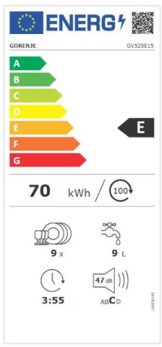 Gorenje GV520E15 teljesen beépíthető mosogatógép, 45 cm, 9 teríték