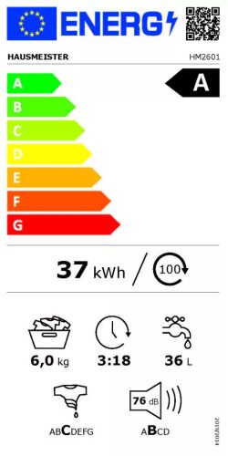 Hausmeister HM2601 Elöltöltős mosógép, 6 kg, Inverter motor, A energiaosztály, digit.kijelző, magyar menü