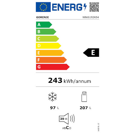 Gorenje NRK6192AS4 Alulfagyasztós hűtőszekrény, NoFrost, 186 cm, ezüst, 60 cm széles