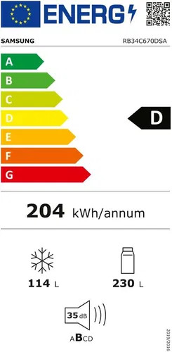 Samsung RB34C670DSA NoFrost Alulfagyasztós hűtőszekrény, D energiaosztály, Digitális kijelző, 185 cm, ezüst