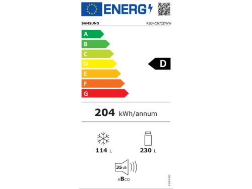 Samsung RB34C672DWW-EF NoFrost Alulfagyasztós hűtőszekrény, 185 cm, D, energiaosztály, digitális kijelző, fehér, Óriási űrtartalom