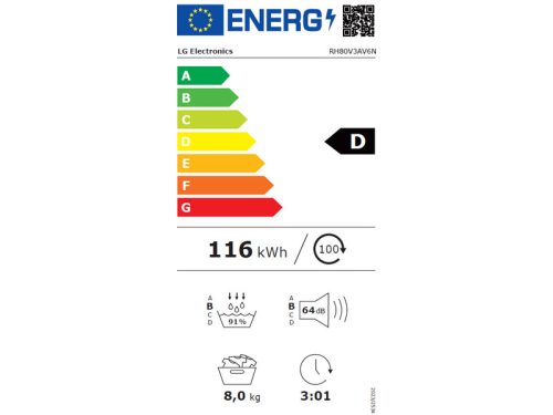 LG RH80V3AV6N Hőszívattyús Szárítógép, automatikus kondenzátortisztítással, 8 kg, D energiaosztály